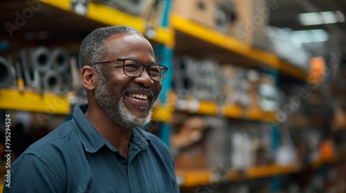 African man in his forties grins and chuckles while browsing repair tools in hardware store. photo