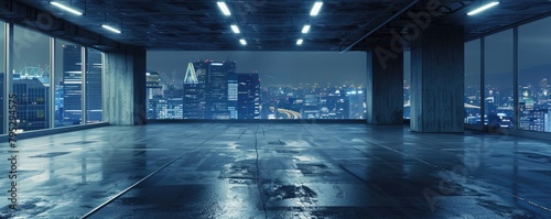 cityscape glows with lights amidst skyscrapers, viewed from the concrete interior of a modern structure. photo