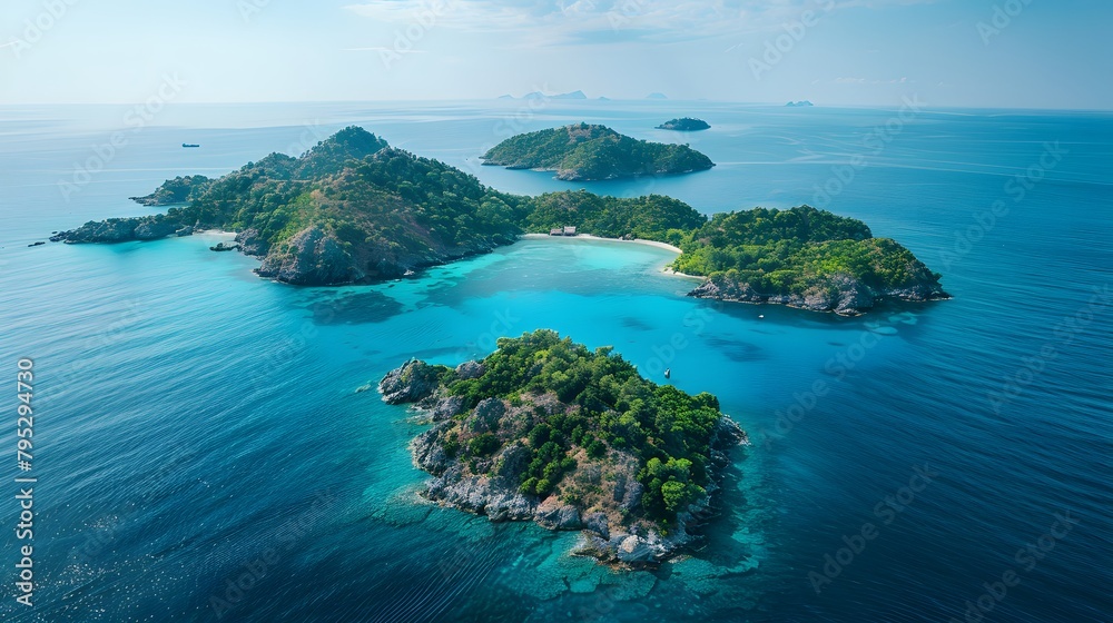 Fototapeta premium At sundown, a green island in the endless, serene turquoise sea.