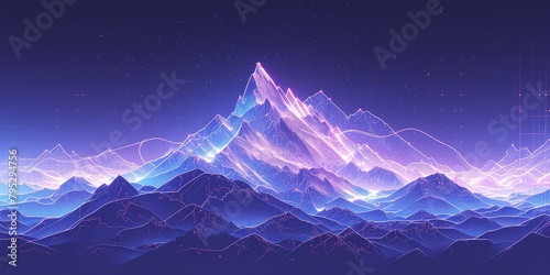A neon glowing mountain range with vibrant purple and blue hues against a black background photo