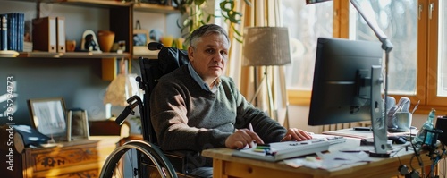 Disabled man in a wheelchair working from his home office, facing challenges with resilience and independence. photo