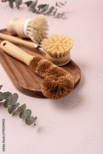 Set of wooden bamboo brushes for washing dishes and cleaning home