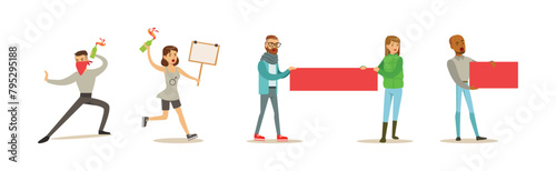 Angry People with Placard and Banner Participate in Protest Vector Set