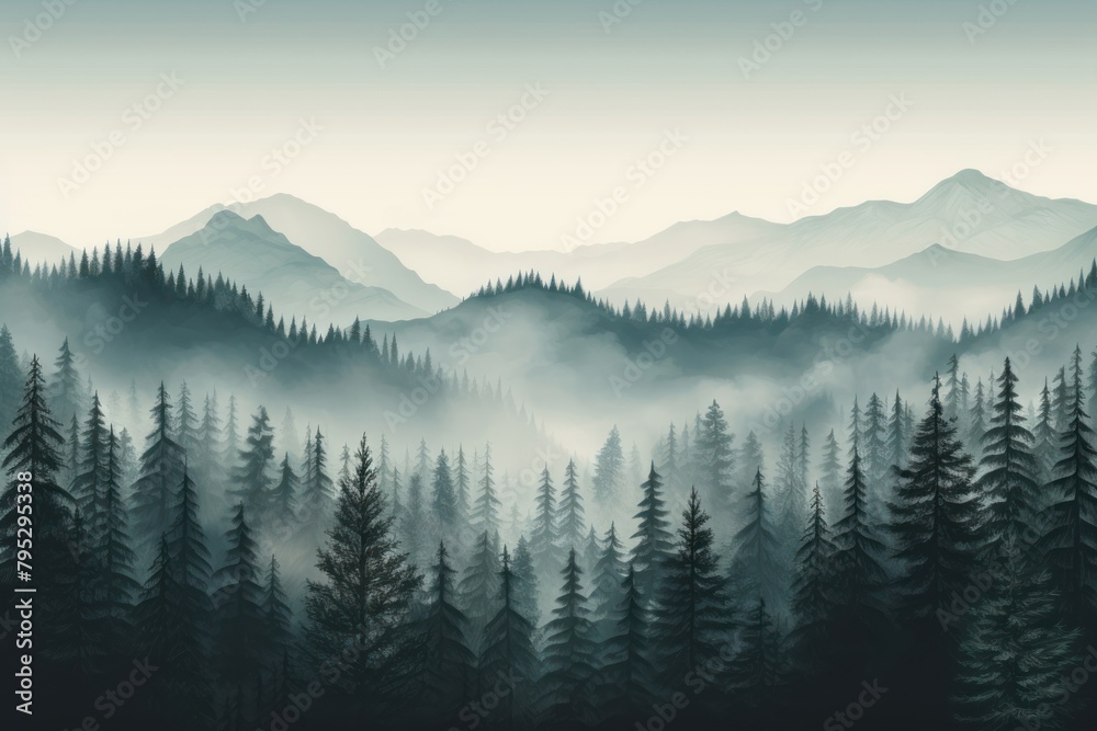 Misty landscape with fir forest mist outdoors woodland