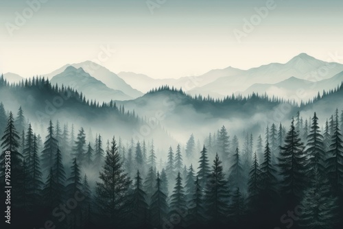 Misty landscape with fir forest mist outdoors woodland © Rawpixel.com