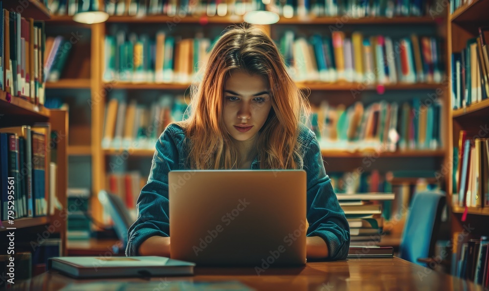 Young adult female studying diligently on a laptop in a dimly lit library surrounded by books. banner Young adult female studying diligently on a laptop in a dimly lit library surrounded by books. banner