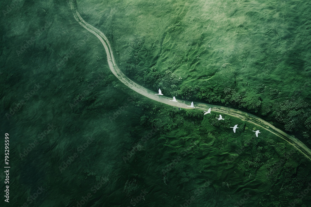Aerial view of a winding road with birds flying over lush greenery
