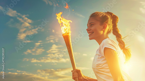 A young smiling girl - a sportswoman in a sports uniform - solemnly carries a torch with the Olympic flame against the background of the blue sky, the opening of the Olympic Games