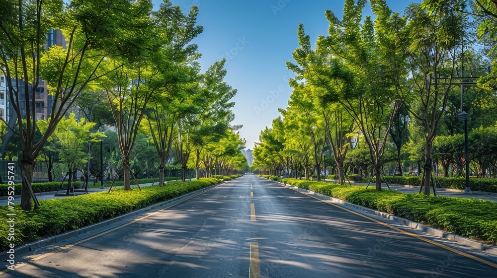 Long and empty tree lined road on a sunny day Long and empty tree lined road on a sunny day