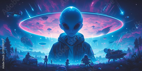 A psychedelic alien with a human body, standing in front of a UFO with other aliens on the ground next to their vehicles, trippy artwork