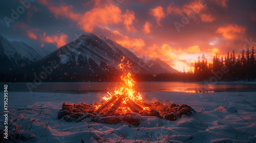 Campfire glows on snowy evening with mountain and sunset