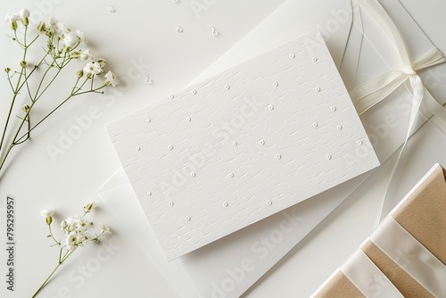 White textured paper invitation card mockup with envelope and baby's breath flowers on white background.