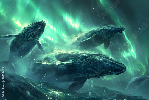 Ethereal Whale Under an Aurora-Lit Sky Whales Synchronized in a Mesmerizing Underwater Dance in a Digital Painting