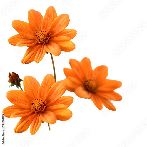  three vibrant orange flowers with yellow centers on a white background.
