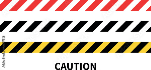 Warning tape with yellow, black and Red diagonal stripes. Warn stop seamless line. Yellow and black caution tape border. Long danger ribbon. Editable Vector illustration on white background.
