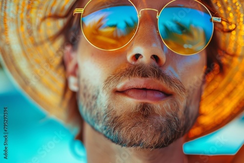 An attractive young man with a straw hat and sunglasses enjoying a sunny day. Summer, vacation, sea.