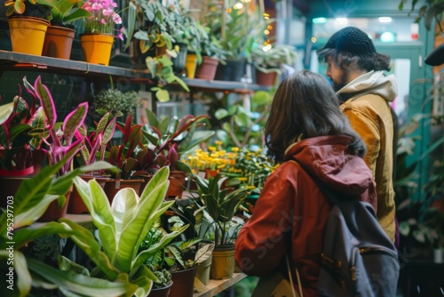 Shoppers are engrossed in selecting the perfect houseplants in a cozy, well-stocked indoor garden center © lagano