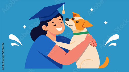 A proud owner hugging their dog and placing a graduation cap on their head commemorating their completion of advanced training.