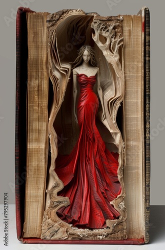 An intricately carved book sculpture featuring a woman in a stunning red dress