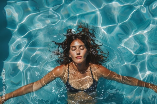 A serene young woman enjoys a relaxing moment submerged in a sparkling turquoise pool
