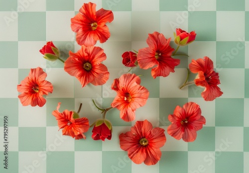A symmetric arrangement of bright red flowers with green stems laid out on a green and white checkered surface