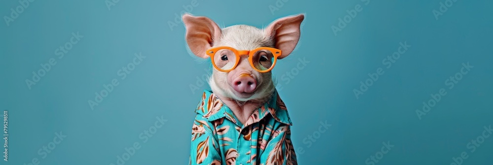 Fashionable pig with a trendy vibe, wearing chic orange sunglasses and a vibrant hawaiian shirt Fashionable pig with a trendy vibe, wearing chic orange sunglasses and a vibrant hawaiian shirt