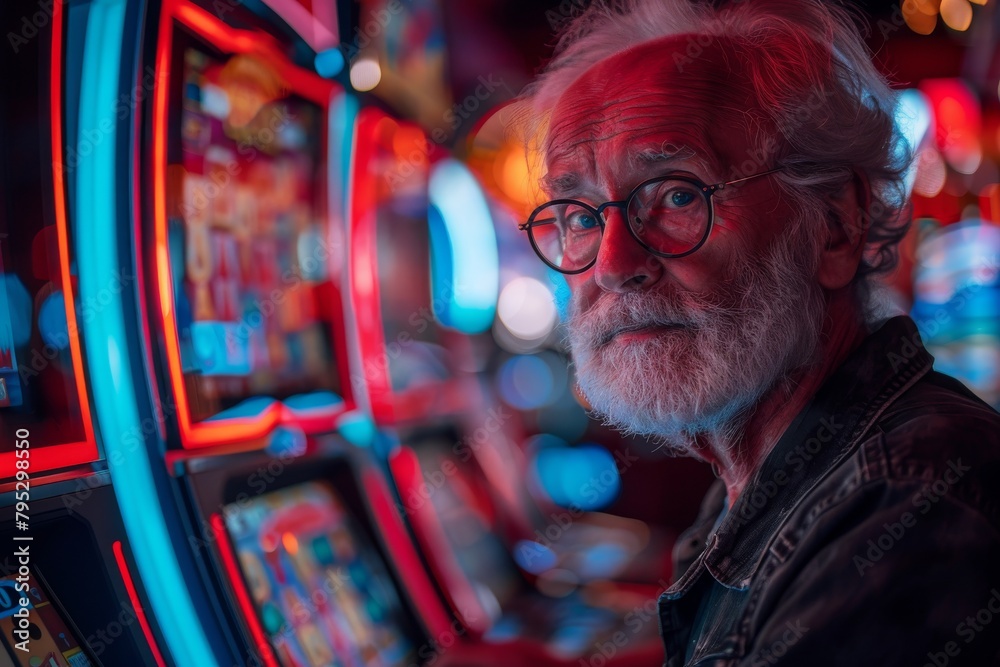 Capturing a moment of a senior man deeply focused while playing at a slot machine in a lively casino environment Capturing a moment of a senior man deeply focused while playing at a slot machine in a lively casino environment