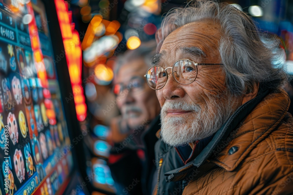 A person is seen engaging with a vibrant slot machine in a lively casino setting, surrounded by dazzling lights and gaming excitement A person is seen engaging with a vibrant slot machine in a lively casino setting, surrounded by dazzling lights and gaming excitement