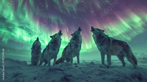 Wolves Howling at Aurora Borealis in Wintry Night Landscape © Sippung