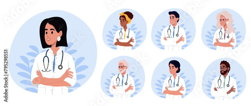 National Doctors' Day. Set of smiling doctors, portraits of different of male and female medical workers in uniform with stethoscopes.
