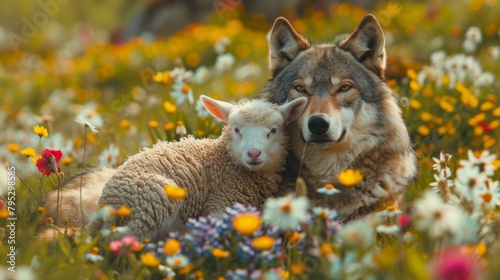 Wolf and lamb cuddling in a field of wildflowers at sunset 