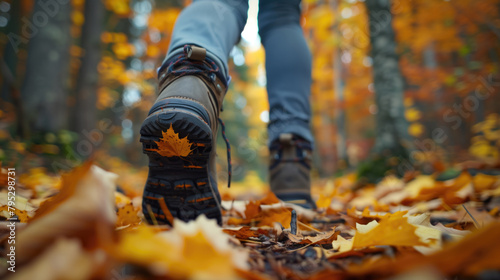 Hiking boot walking on fall leaves Outdoor with Autumn season nature on background Lifestyle Fashion trendy style, generative ai
