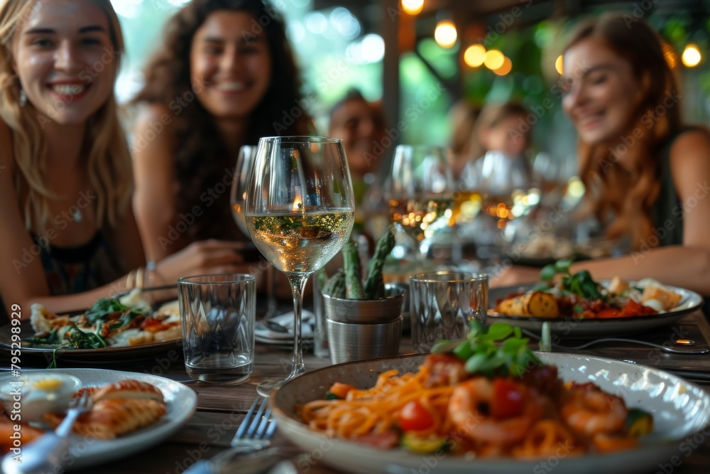 Focused shot of a wine glass with a joyful group of people enjoying a meal in the background