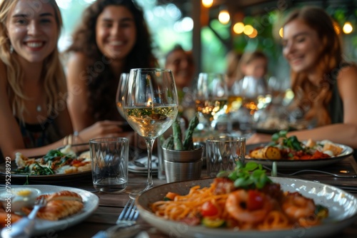 Focused shot of a wine glass with a joyful group of people enjoying a meal in the background