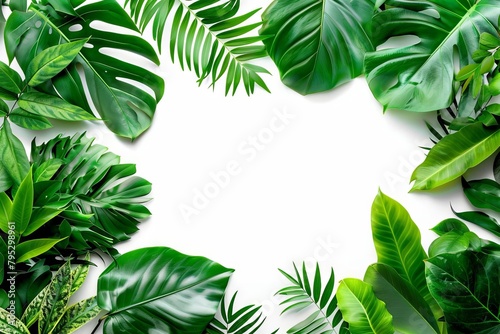 tropical jungle border frame with lush green leaves on white background copy space