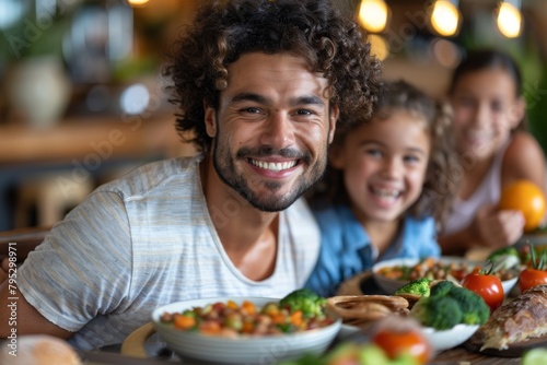 Smiling man with curly hair enjoying a meal with a child and others  focus on healthy food