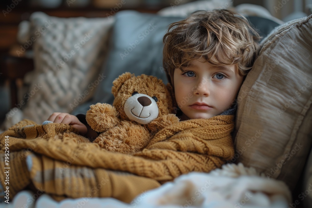 A young boy with wavy hair snuggles with a teddy bear among soft