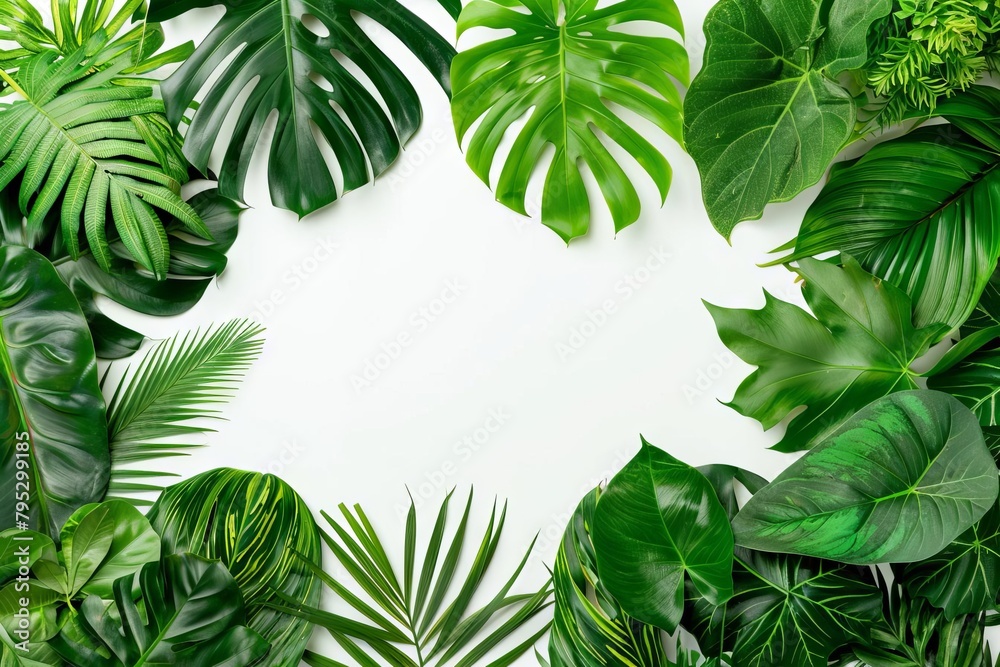 tropical jungle border frame with lush green leaves on white background copy space