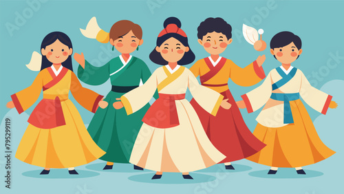 A group of classmates wearing ornately embroidered hanboks participating in a Korean traditional dance performance during Cultural Dress Day.