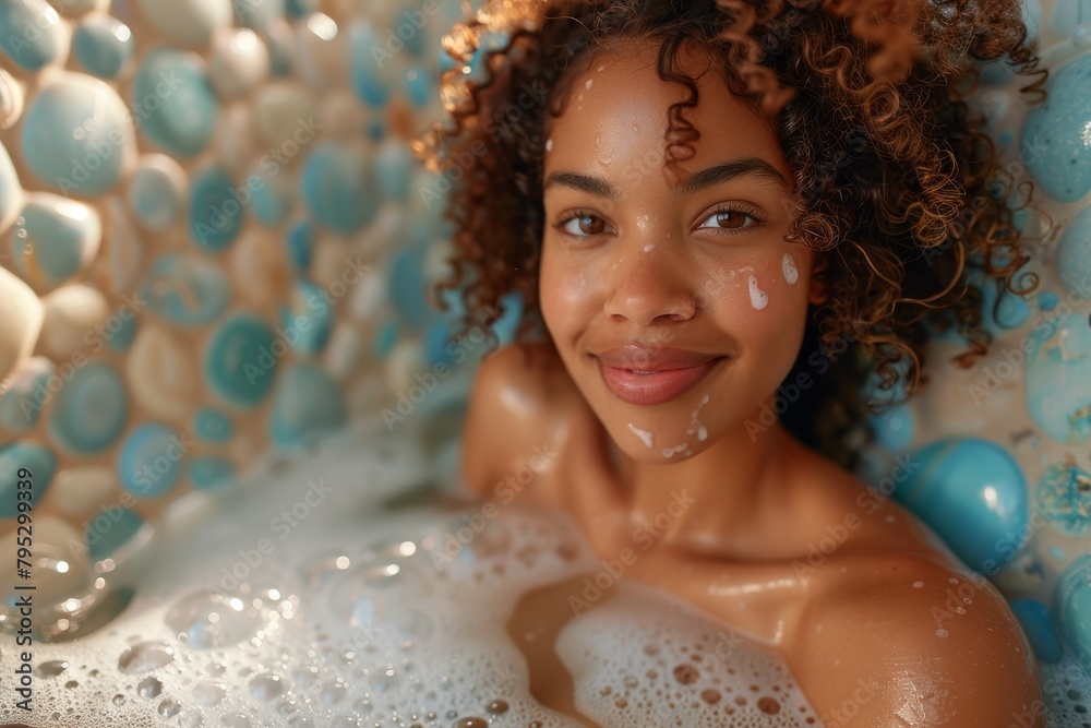 A beautiful young woman with curls lies in a bubble bath, reflecting a sense of peace and relaxation A beautiful young woman with curls lies in a bubble bath, reflecting a sense of peace and relaxation
