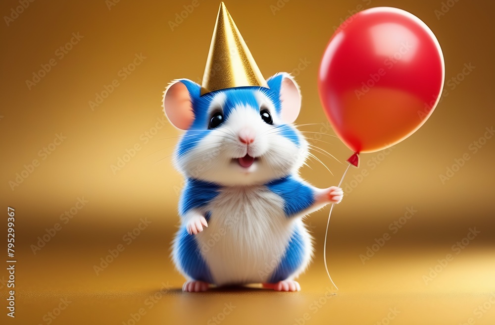 Cute blue colored hamster in golden party hat stands with red inflatable balloon on light yellow background, holiday concept, birthday, greeting card, cartoon character