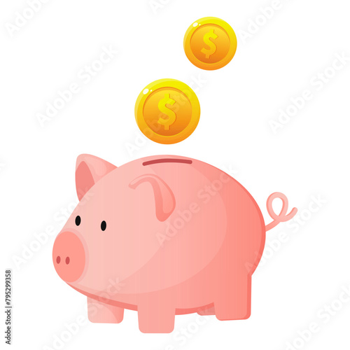 pink piggy bank with gold coins and dollars. accumulation of money, saving money, investments, deposits. cartoon moneybox. Golden coins falling into pink piggy bank.  financial concept of savings