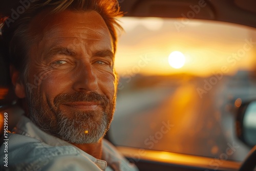 Handsome mature man with a beard enjoys a scenic sunset drive, showing a sense of freedom and contentment