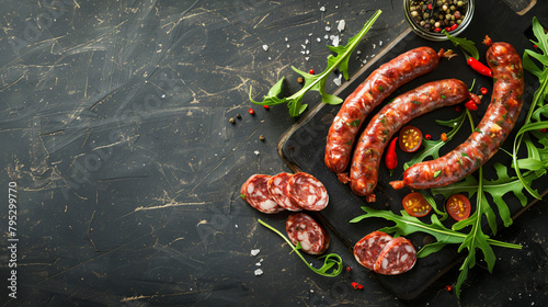 Composition with boiled sausage and arugula on dark 