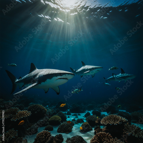 World Ocean Day Deep Blue Ocean Diver and Fishes Background