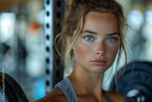 A fit young woman pausing during her workout, exhibiting strength and resilience in her gaze photo