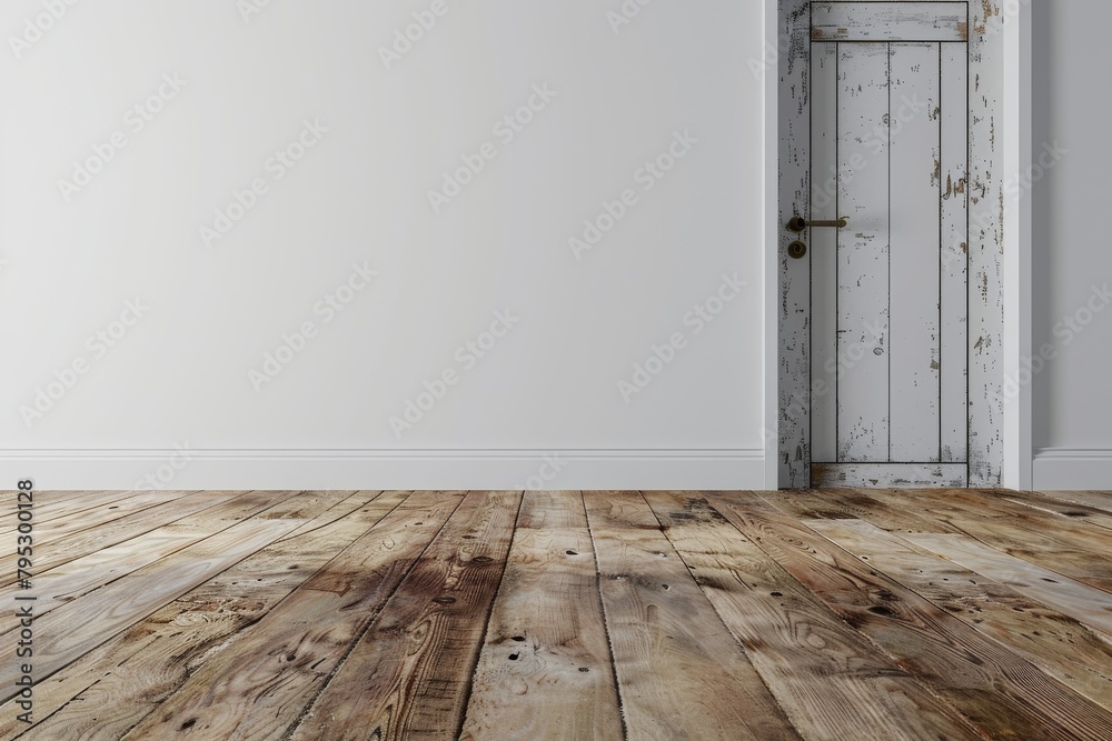 Naklejka premium empty room and exit door, wooden floor and white wall background, 3d render