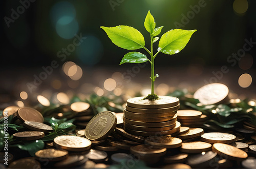 Coins in soil with seedling young plant. Money growth in Finance And Investment concept.