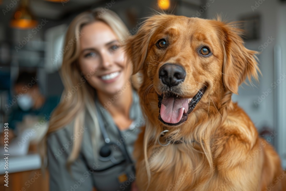 A joyful-looking dog smiles in the foreground with a woman smiling in the background A joyful-looking dog smiles in the foreground with a woman smiling in the background