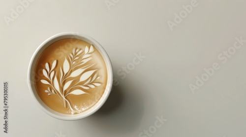 cup of coffee with leaf shape decoration and copy space on white background for advertising poster banner design, 3d render photo